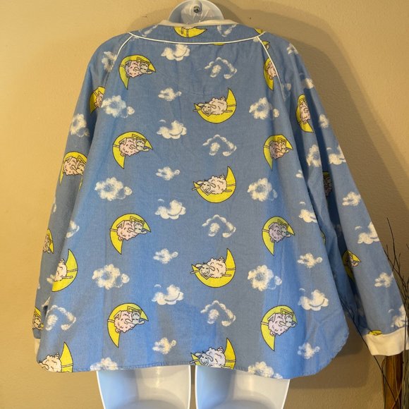Barbizon Flannel Counting Sheep Pajama Top Light Blue Yellow Satin Vintage 1X - Picture 3 of 6